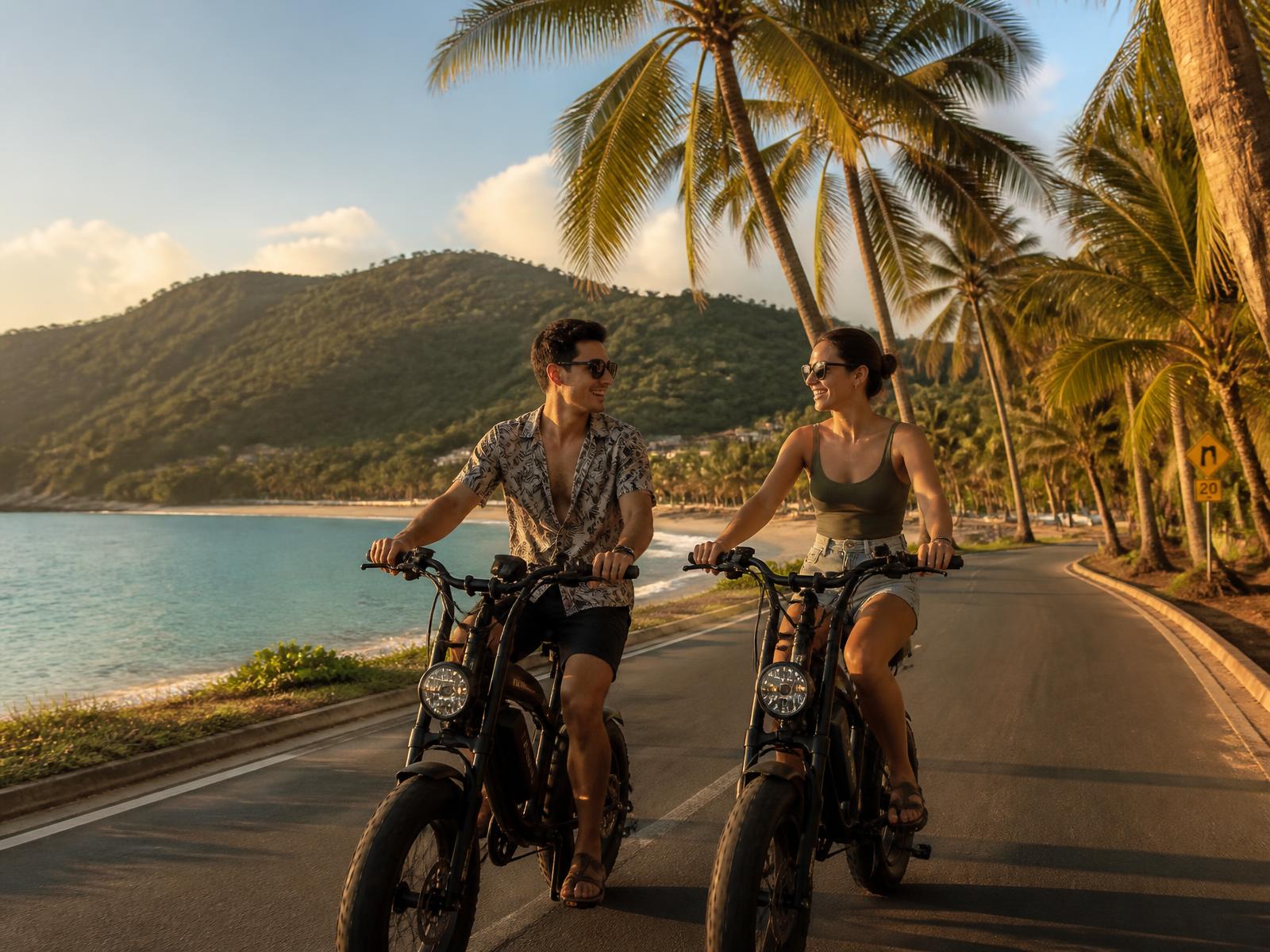 Two riders cruising on fat tire e-bikes along a palm-lined coastal road near Nai Harn, Phuket